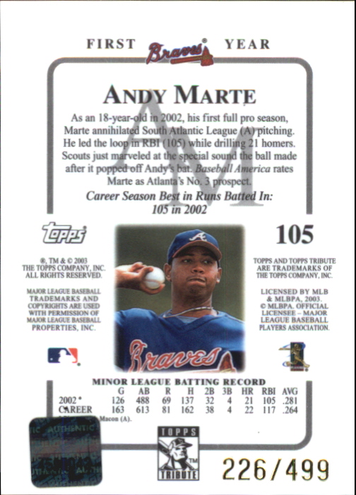 2003 Topps Tribute Contemporary #105 Andy Marte FY AU RC back image