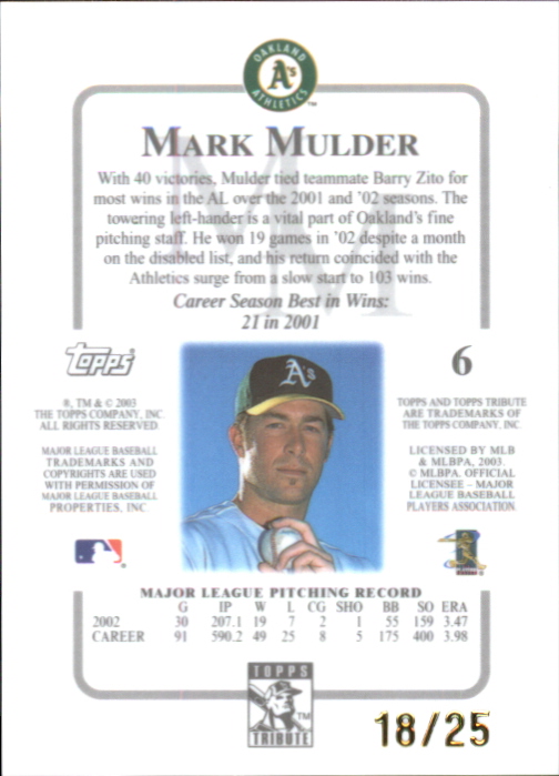 2003 Topps Tribute Contemporary Gold #6 Mark Mulder back image