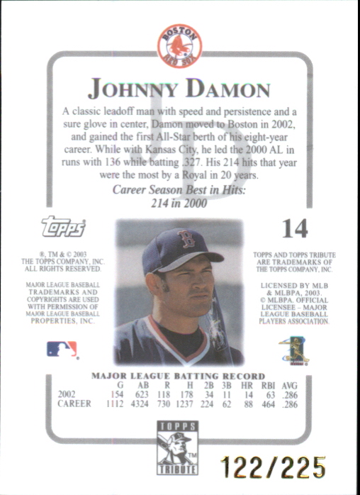 2003 Topps Tribute Contemporary Red #14 Johnny Damon back image