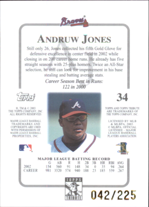 2003 Topps Tribute Contemporary Red #34 Andruw Jones back image