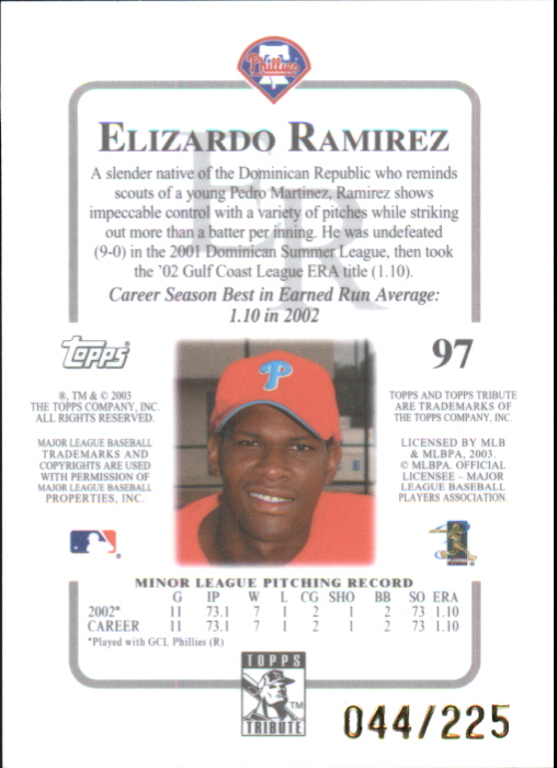 2003 Topps Tribute Contemporary Red #97 Elizardo Ramirez FY back image