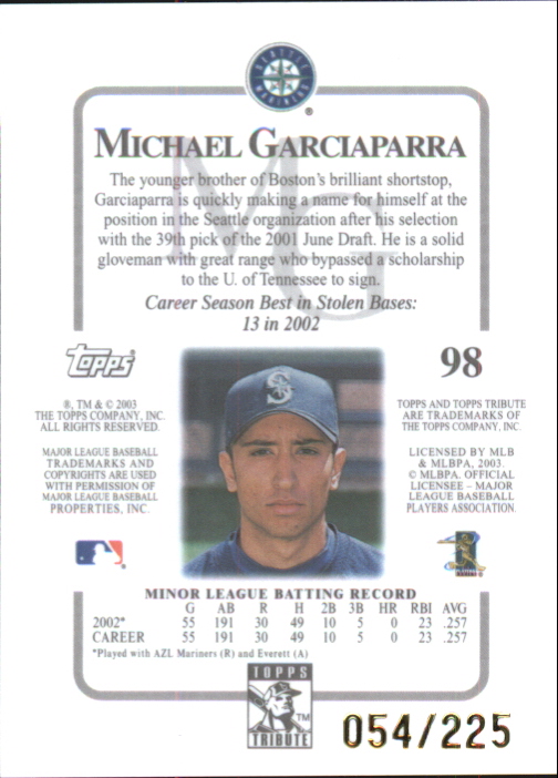 2003 Topps Tribute Contemporary Red #98 Michael Garciaparra FY back image