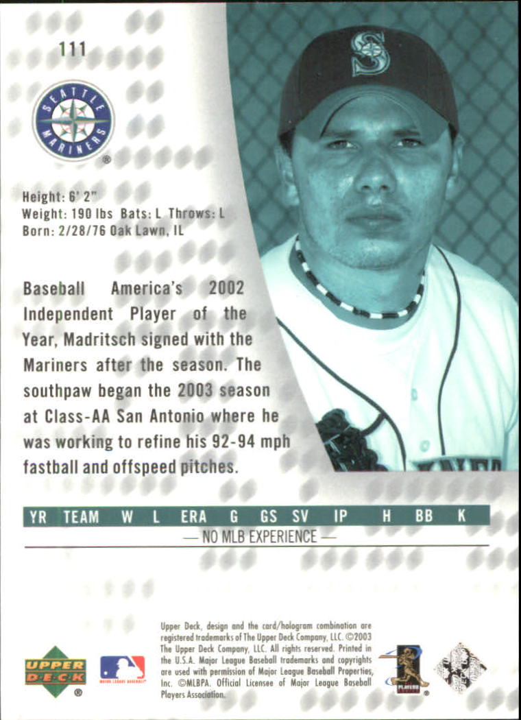 2003 UD Authentics #111 Bobby Madritsch RH RC back image