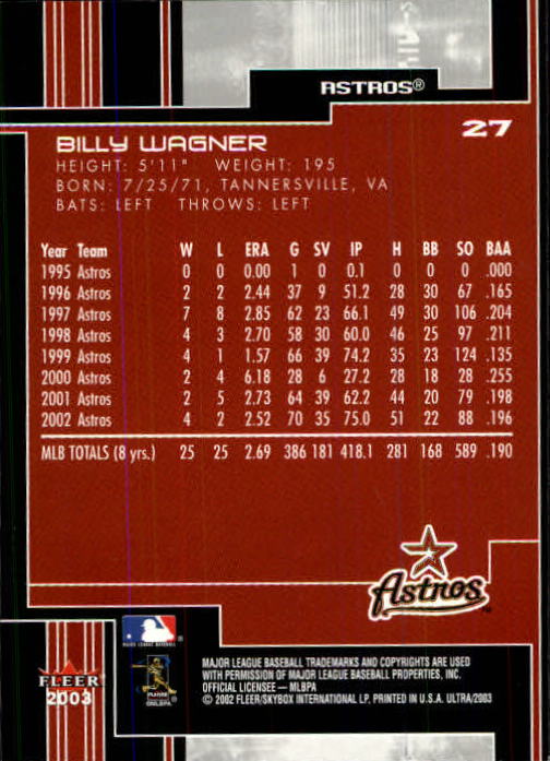2003 Ultra #27 Billy Wagner back image