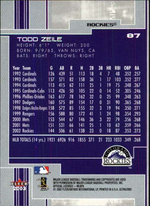 2003 Ultra #87 Todd Zeile back image