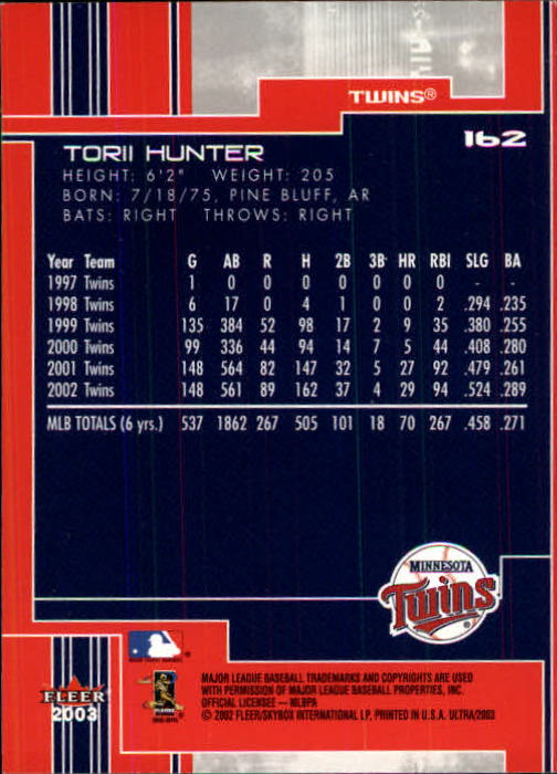 2003 Ultra #162 Torii Hunter back image