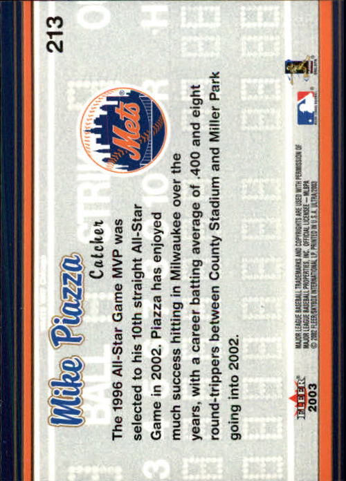 2003 Ultra #213 Mike Piazza AS back image