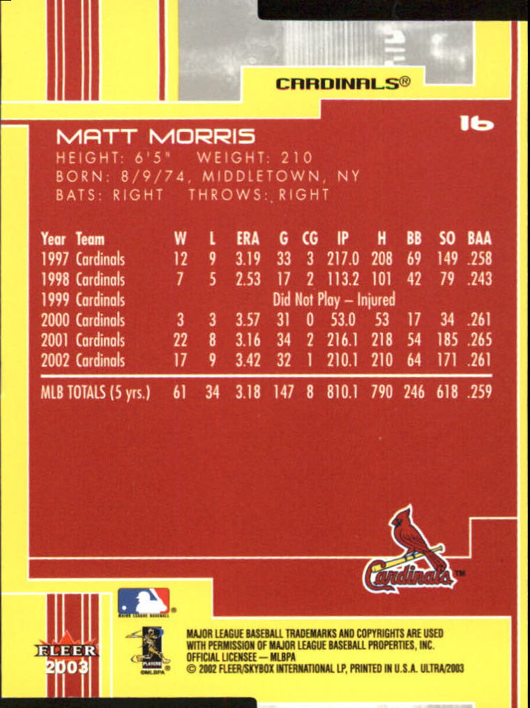 2003 Ultra Gold Medallion #16 Matt Morris back image