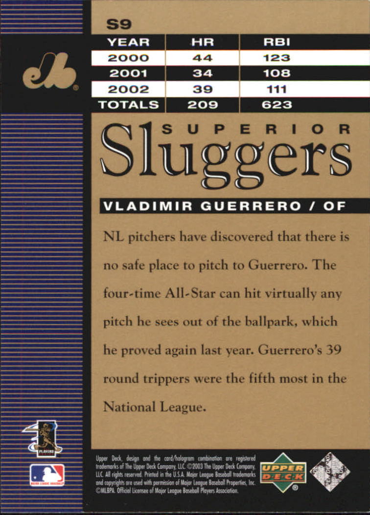 2003 Upper Deck Superior Sluggers #S9 Vladimir Guerrero back image