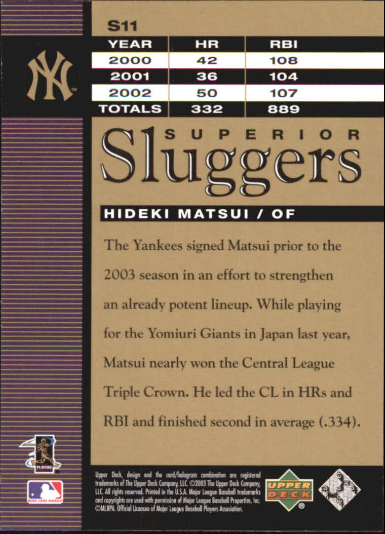 2003 Upper Deck Superior Sluggers #S11 Hideki Matsui back image