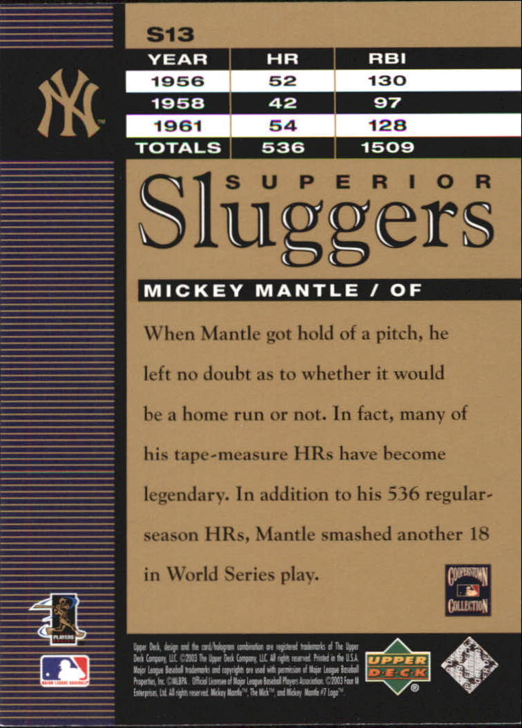 2003 Upper Deck Superior Sluggers #S13 Mickey Mantle back image