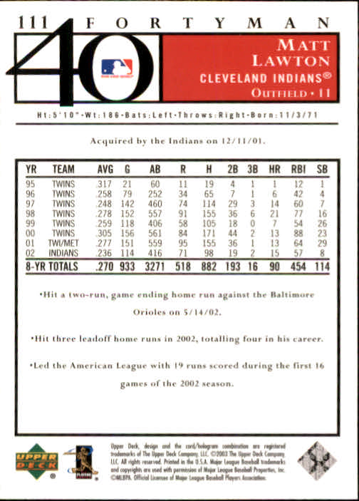 2003 Upper Deck 40-Man Baseball Card Pick (Base) 1-287 - Bild 189 von 501