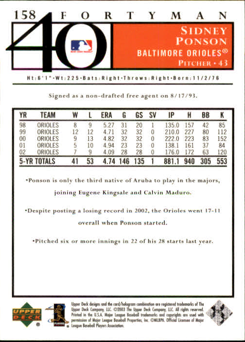 2003 Upper Deck 40-Man Baseball Card Pick (Base) 1-287 - Bild 275 von 501