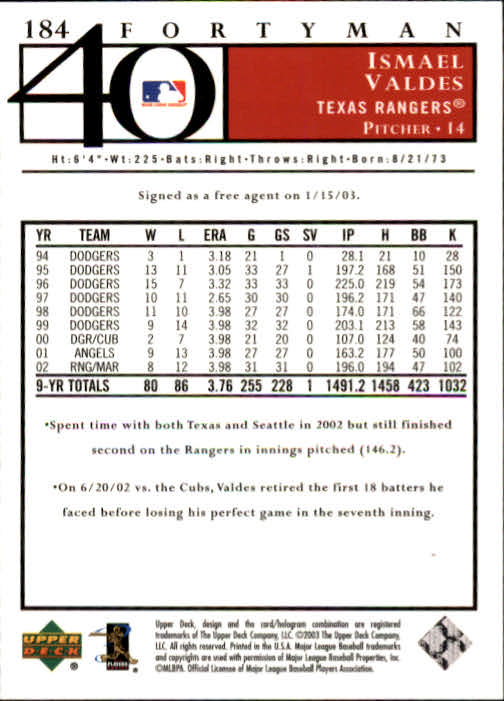 2003 Upper Deck 40-Man Baseball Card Pick (Base) 1-287 - Bild 323 von 501
