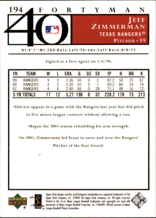 2003 Upper Deck 40-Man Baseball Card Pick (Base) 1-287 - Bild 343 von 501