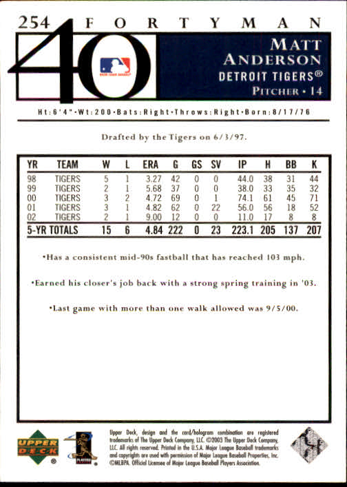 2003 Upper Deck 40-Man Baseball Card Pick (Base) 1-287 - Bild 451 von 501