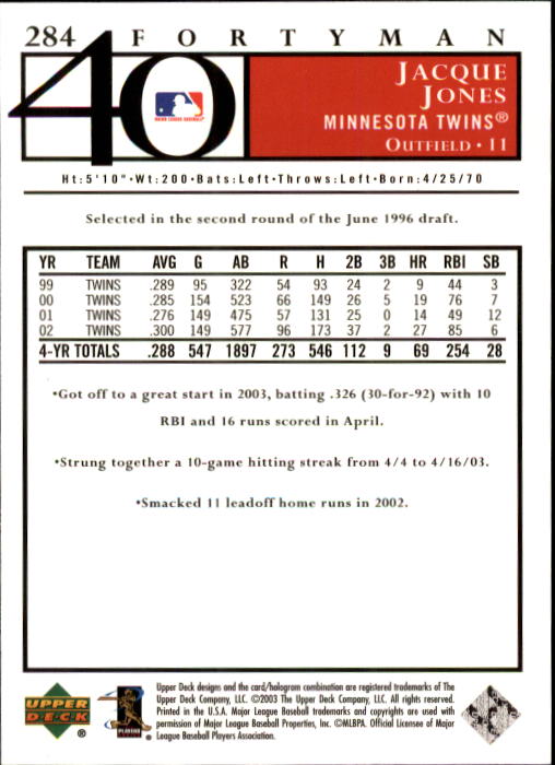 2003 Upper Deck 40-Man Baseball Card Pick (Base) 1-287 - Bild 495 von 501