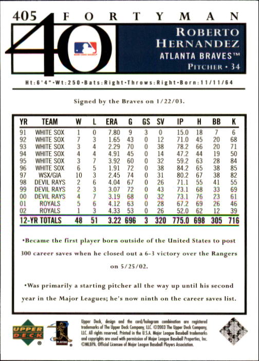2003 Upper Deck 40-Man Baseball Card Pick (Base) 288-574 - Picture 213 of 501