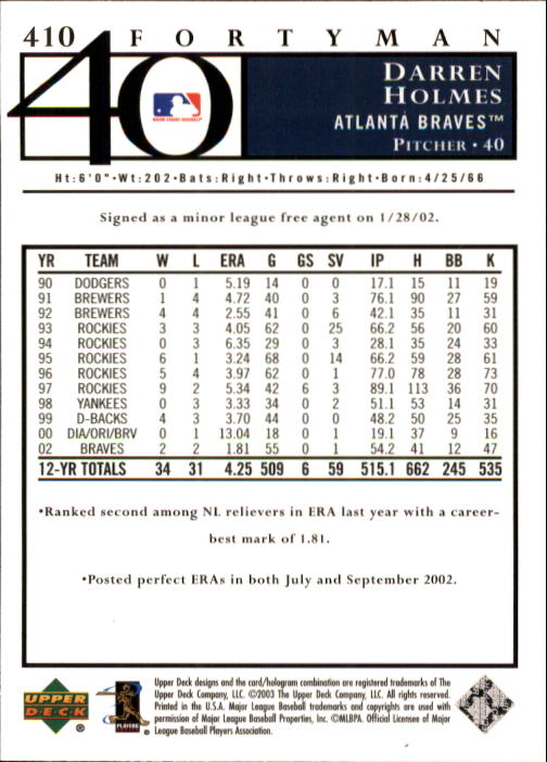 2003 Upper Deck 40-Man Baseball Card Pick (Base) 288-574 - Picture 221 of 501