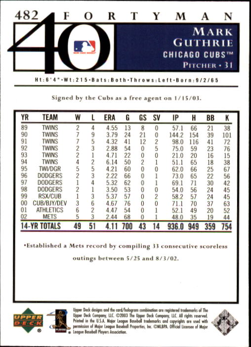 2003 Upper Deck 40-Man Baseball Card Pick (Base) 288-574 - Picture 337 of 501