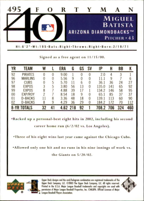 2003 Upper Deck 40-Man Baseball Card Pick (Base) 288-574 - Picture 363 of 501
