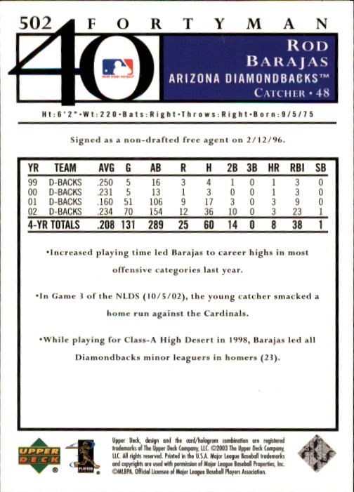 2003 Upper Deck 40-Man Baseball Card Pick (Base) 288-574 - Picture 377 of 501