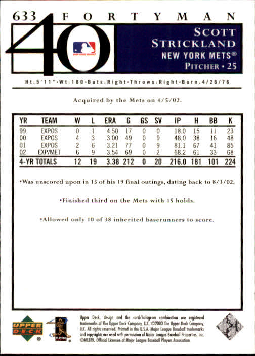 2003 Upper Deck 40-Man Baseball Card Pick (Base) 575-844 - Picture 105 of 501