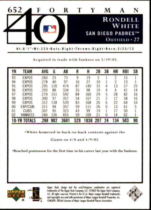 2003 Upper Deck 40-Man Baseball Card Pick (Base) 575-844 - Picture 137 of 501