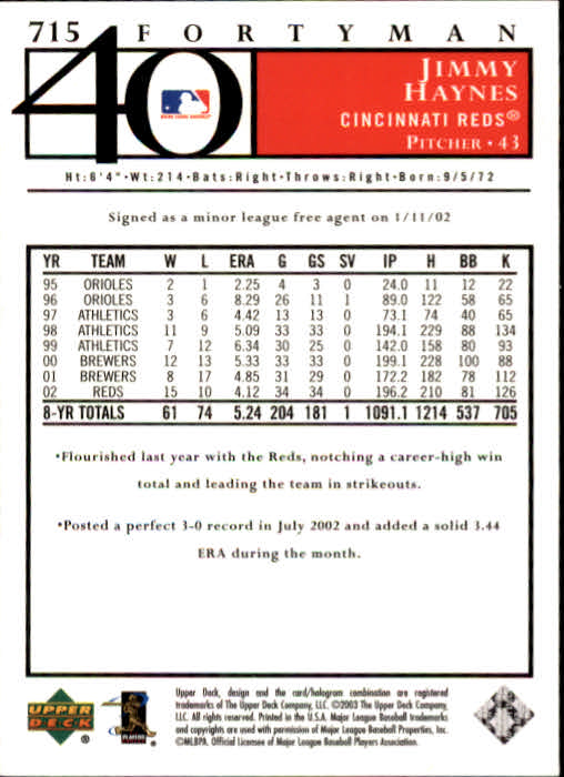 2003 Upper Deck 40-Man Baseball Card Pick (Base) 575-844 - Picture 245 of 501