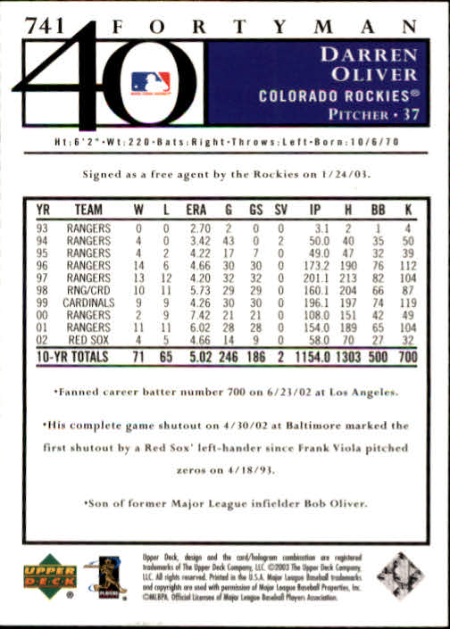 2003 Upper Deck 40-Man Baseball Card Pick (Base) 575-844 - Picture 297 of 501