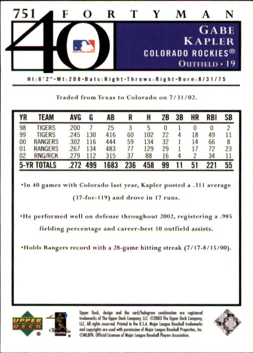2003 Upper Deck 40-Man Baseball Card Pick (Base) 575-844 - Picture 317 of 501