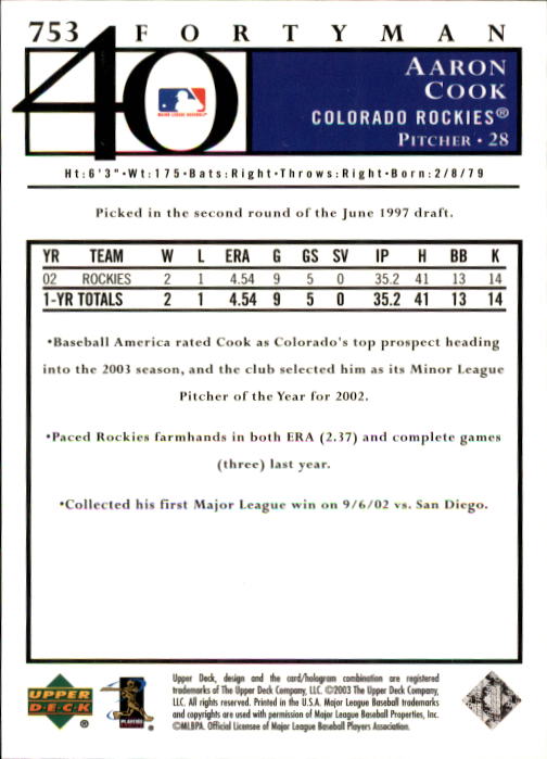 2003 Upper Deck 40-Man Baseball Card Pick (Base) 575-844 - Picture 321 of 501
