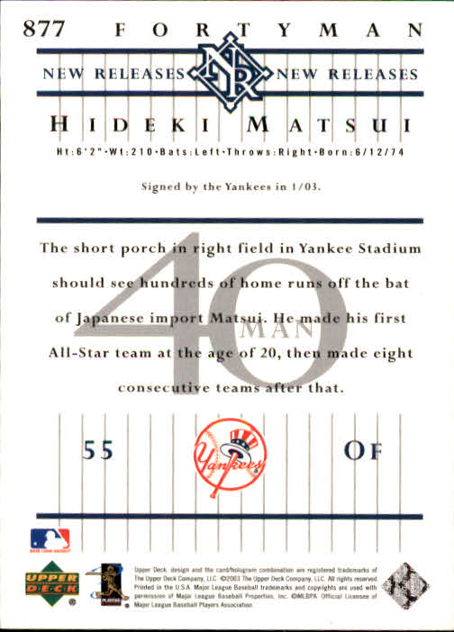 2003 Upper Deck 40-Man #877 Hideki Matsui NR RC back image