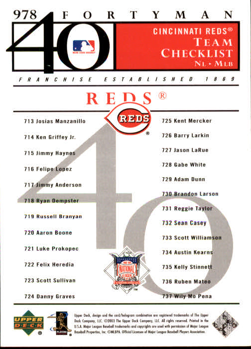 2003 Upper Deck 40-Man #978 Cincinnati Reds TC back image