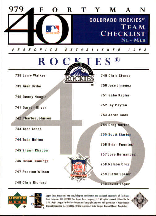 2003 Upper Deck 40-Man #979 Colorado Rockies TC back image