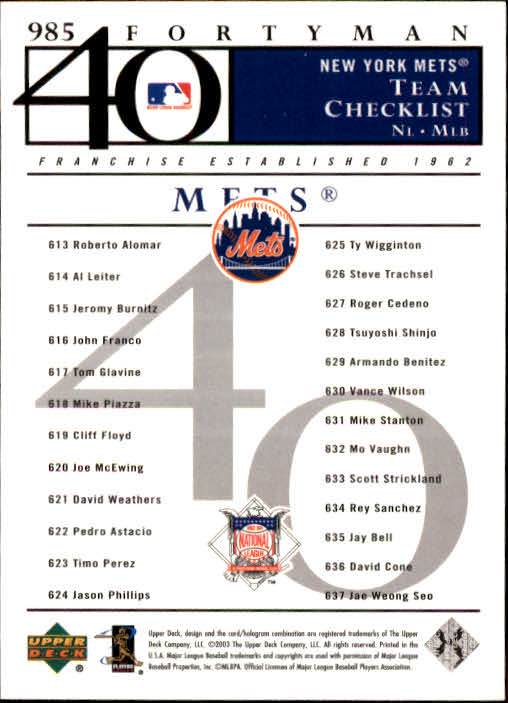 2003 Upper Deck 40-Man #985 New York Mets TC back image