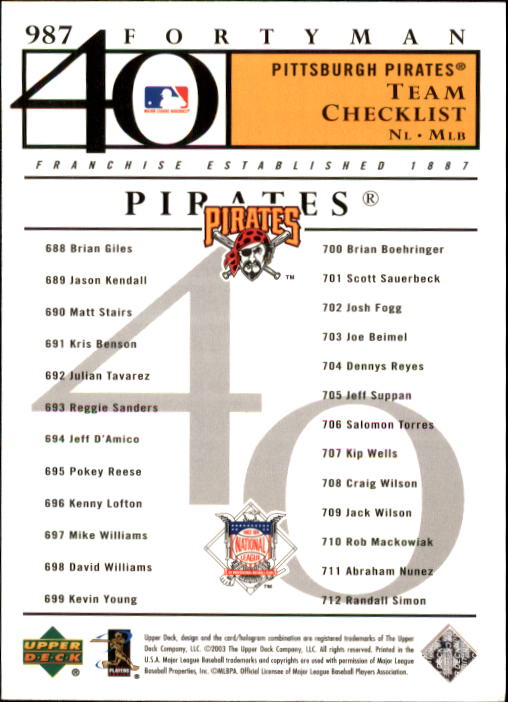 2003 Upper Deck 40-Man #987 Pittsburgh Pirates TC back image