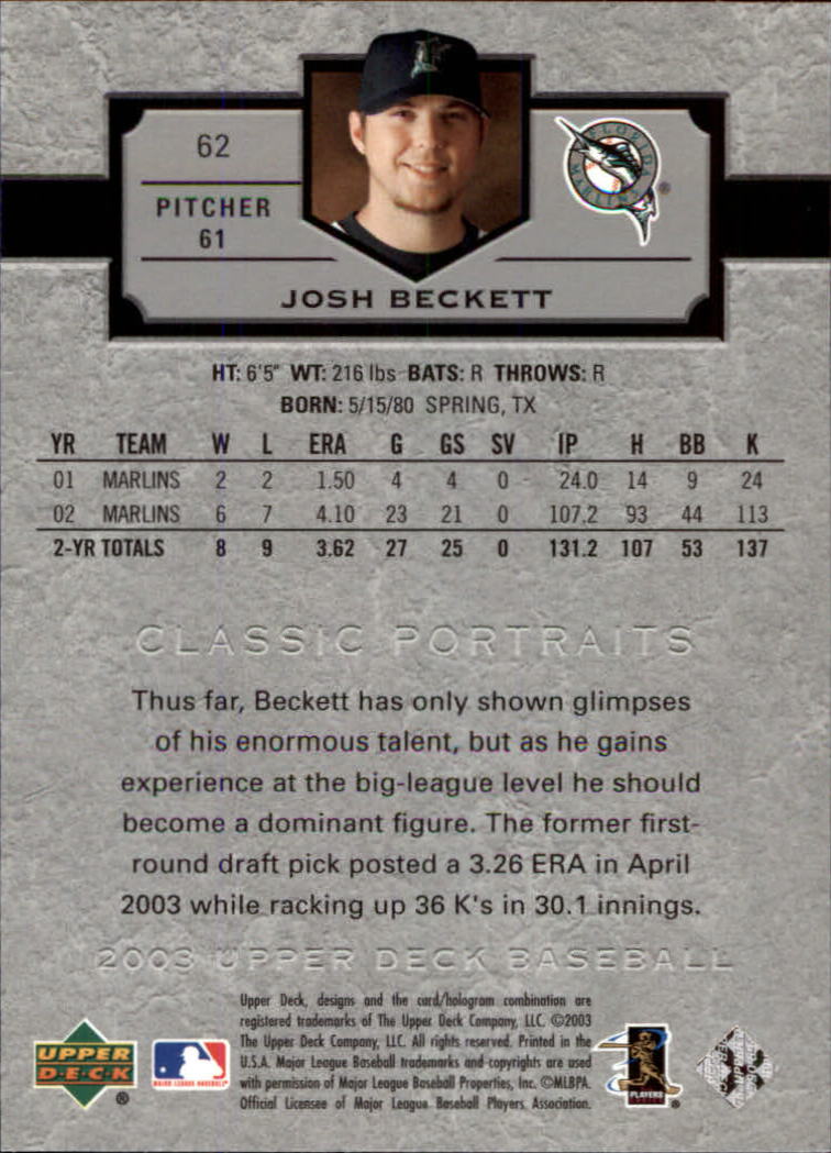 2003 Upper Deck Classic Portraits #62 Josh Beckett back image