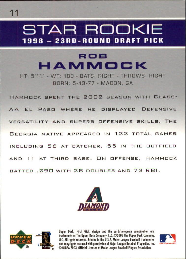 2003 Upper Deck First Pitch #11 Rob Hammock SR RC back image
