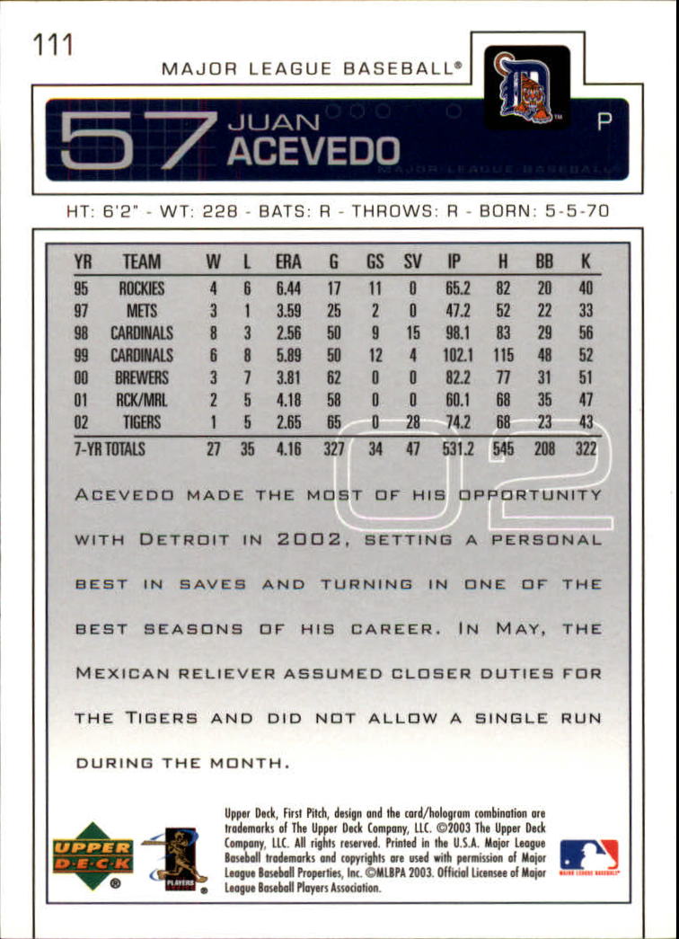 2003 Upper Deck First Pitch #111 Juan Acevedo back image