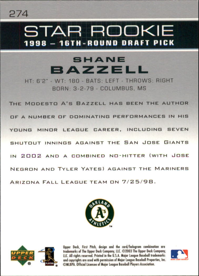 2003 Upper Deck First Pitch #274 Shane Bazzell SP RC back image