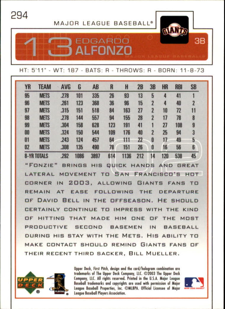 2003 Upper Deck First Pitch #294 Edgardo Alfonzo SP back image