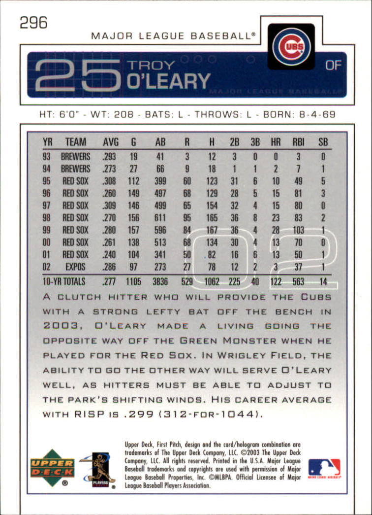 2003 Upper Deck First Pitch #296 Troy O'Leary SP back image