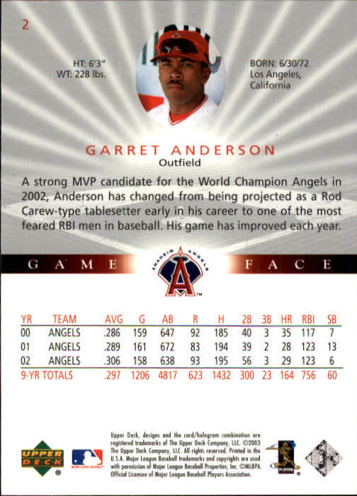 2003 Upper Deck Game Face #2 Garret Anderson back image