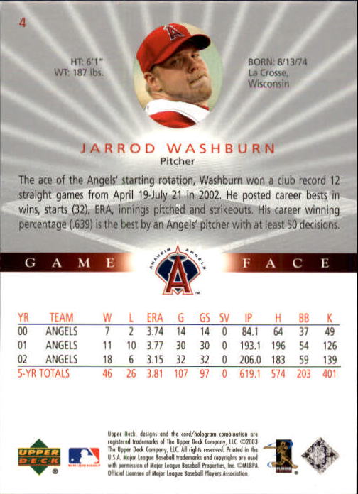 2003 Upper Deck Game Face #4 Jarrod Washburn back image