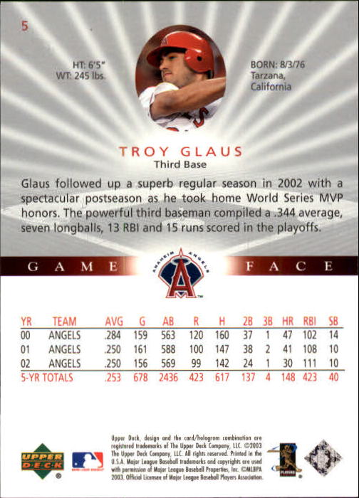 2003 Upper Deck Game Face #5 Troy Glaus SP back image
