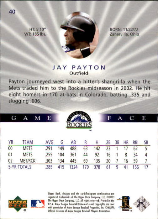2003 Upper Deck Game Face #40 Jay Payton back image