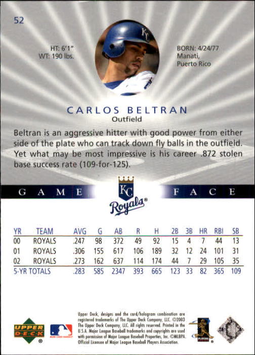 2003 Upper Deck Game Face #52 Carlos Beltran back image
