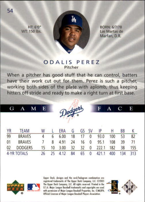 2003 Upper Deck Game Face #54 Odalis Perez back image
