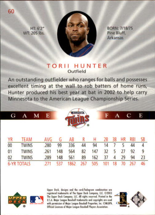 2003 Upper Deck Game Face #60 Torii Hunter back image
